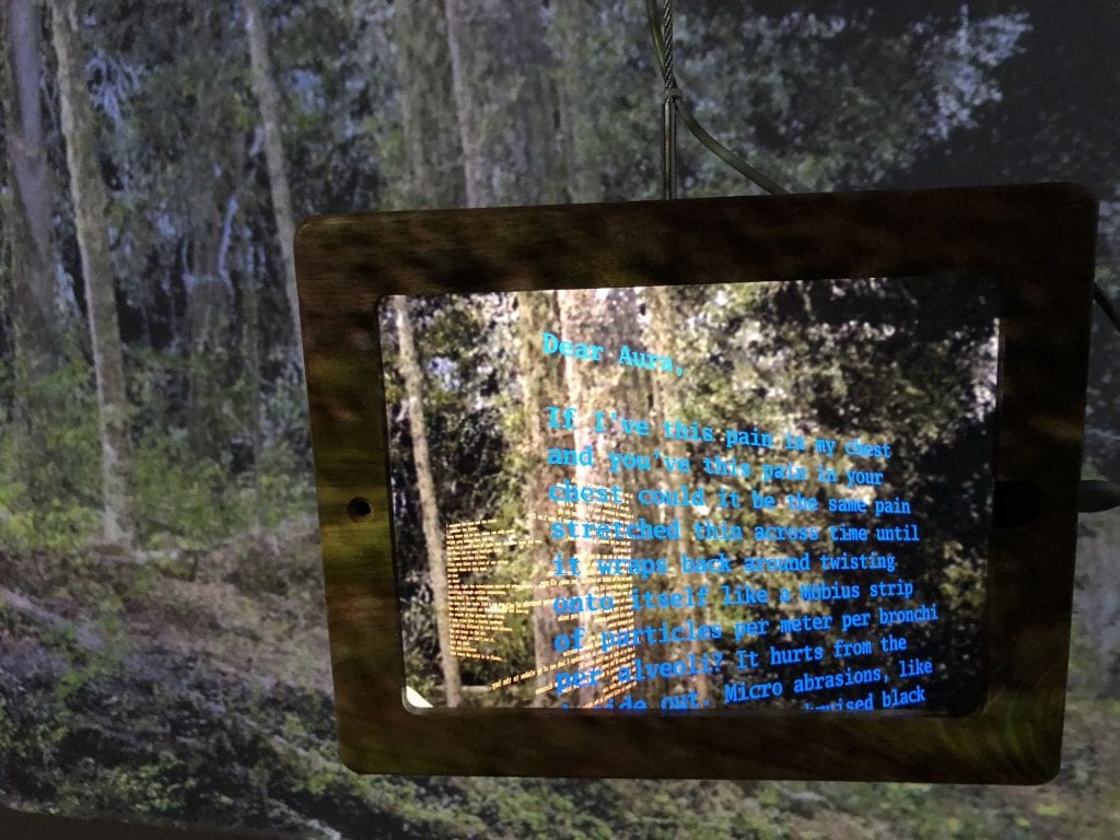 Sin Sol Augmented Reality app running on an iPad, poetry in blue and forest imagery in the background
